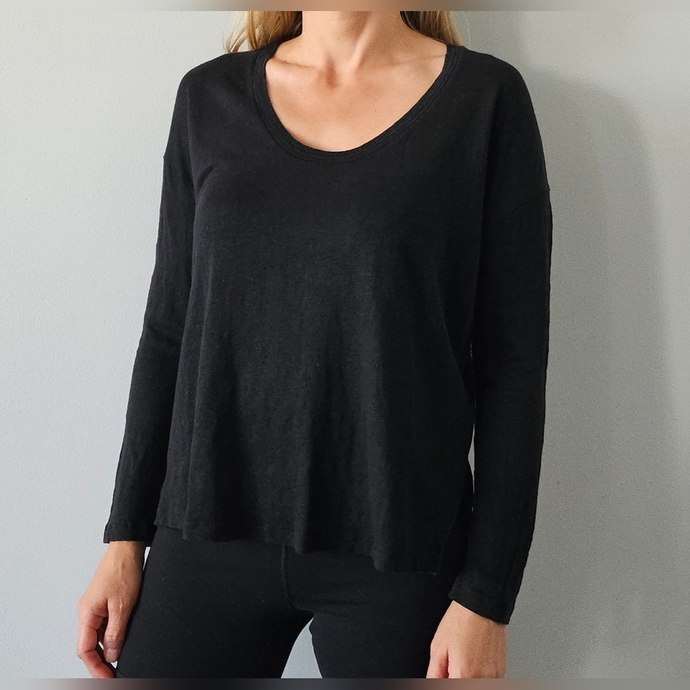Massimo Dutti Top Blouse Black Scoop Neck Long Sleeve 100% Linen Sz S